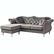 Passion Furniture Hollywood 81 in. Dark Gray Velvet Chesterfield Sectional Sofa with 2-Throw Pillow