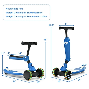 Slickblue 2 in 1 Kids Kick Scooter with Flash Wheels for Girls Boys from 1.5 to 6 Years Old-Blue. View a larger version of this product image.