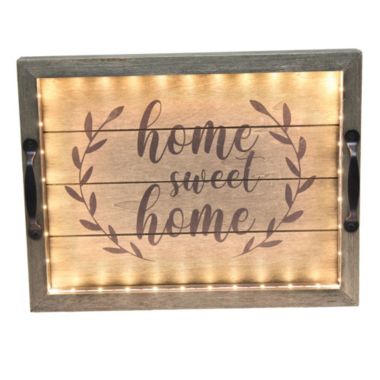 Elegant Designs Salento Farmhouse Rectangular Decorative LED Light Up Wooden Serving Tray "Home Sweet Home" in Black Script - Rustic Gray. View a larger version of this product image.