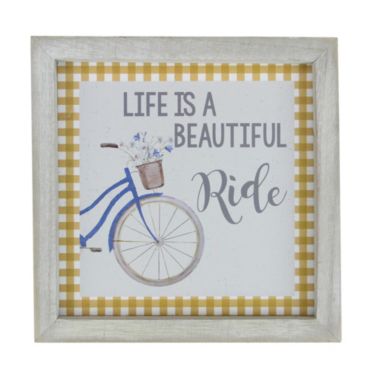 GCI 7" Blue And White Vintage Bicycle "Life Is A Beautiful Ride" Plaid Accent Wall Decor. View a larger version of this product image.
