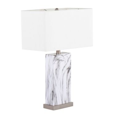 Lumisource Cory Contemporary Table Lamp in White Marble and Stainless Steel with White Linen Shade. View a larger version of this product image.