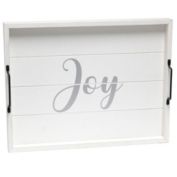 Elegant Designs "Joy" Decorative Wood Serving Tray with Black Metal Handles, 15.5"L x 12"W - White Wash