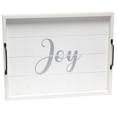 Elegant Designs "Joy" Decorative Wood Serving Tray with Black Metal Handles, 15.5"L x 12"W - White Wash. View a larger version of this product image.