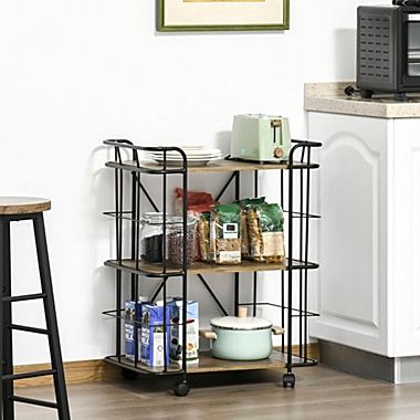 HOMCOM 25" Rolling Kitchen Cart, Kitchen Storage Trolley with 3 Shelves for Dining Room, Laundry Room, and Bathroom, Natural. View a larger version of this product image.