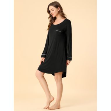 Allegra K Women's Spring Soft Lounge Nightgown Long Sleeve Mini Sleepwear Pajama Dress, Rayon Sleepshirt Nightdress Regular Fit Gown Dress, Medium Black. View a larger version of this product image.