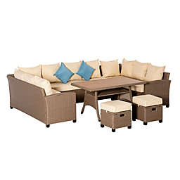 Outsunny 6 Pieces Patio Wicker Sofa Set, Outdoor All Weather PE Rattan Ample Seating Room Conservatory Furniture, w/ Strip Wood Grain Plastic Coffee Table & Cushions for Lawn, Garden, Grey, Khaki