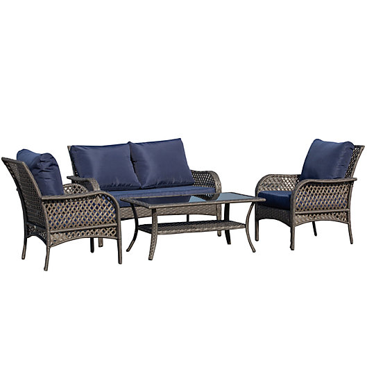 Outsunny 4-Piece Outdoor Patio Conversation Furniture Set All-Weather PE Rattan Wicker Oval Chair Sets Light Grey