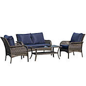 Outsunny 4-Piece Outdoor Wicker Sofa Set, Outdoor PE Rattan Conversation Furniture with 4 Chairs & Table, Water-Fighting Material, Blue