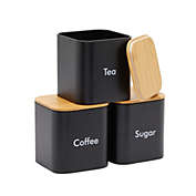 Juvale 3-Piece Set Sugar Tea Coffee Kitchen Canister Set, Black Stainless Steel Containers with Bamboo Lids (54 oz)