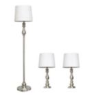 Alternate image 0 for Lalia Home Perennial Morocco Classic 3 Piece Metal Lamp Set (2 Table Lamps, 1 Floor Lamp) with White Drum Fabric Shades and Brushed Steel Finish