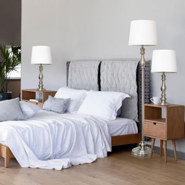 Lalia Home Perennial Morocco Classic 3 Piece Metal Lamp Set (2 Table Lamps, 1 Floor Lamp) with White Drum Fabric Shades and Brushed Steel Finish. View a larger version of this product image.