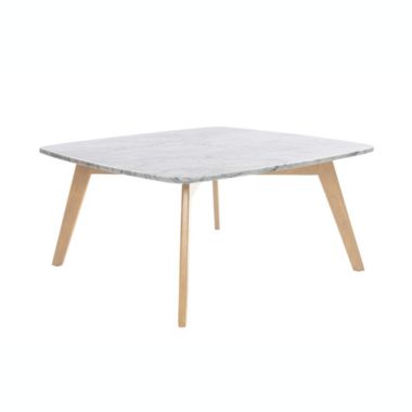 The Bianco Collection Vezzana 31" Square Italian Carrara White Marble Coffee Table with Oak Legs. View a larger version of this product image.