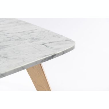 The Bianco Collection Vezzana 31" Square Italian Carrara White Marble Coffee Table with Oak Legs. View a larger version of this product image.