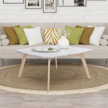 The Bianco Collection Vezzana 31" Square Italian Carrara White Marble Coffee Table with Oak Legs. View a larger version of this product image.
