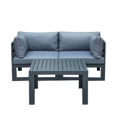 LeisureMod Chelsea 3-Piece Sectional Loveseat and Coffee Table Set Black Aluminum with Cushions - Blue. View a larger version of this product image.