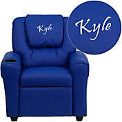 Flash Furniture Personalized Blue Vinyl Kids Recliner with Cup Holder and Headrest