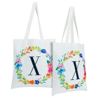 Okuna Outpost Set of 2 Reusable Monogram Letter X Personalized Canvas Tote Bags for Women, Floral Design (29 Inches). View a larger version of this product image.