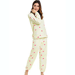 Allegra K Cute Printed Long Sleeve Winter Flannel Pajama Sets For Women 2XL Heart Printed Yellow