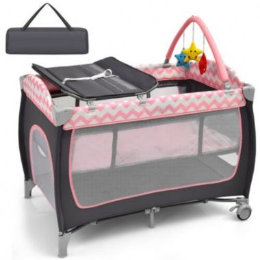 Costway 3 in 1 Portable Baby Playard with Zippered Door and Toy Bar-Pink. View a larger version of this product image.