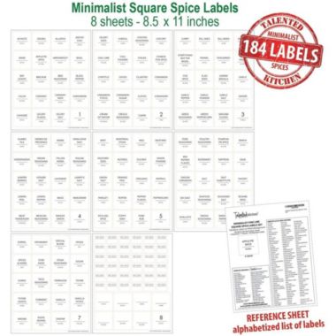 Talented Kitchen 184 Spice Jar Labels Preprinted, Minimalist Black Text on White Square Seasoning Stickers with Names, Numbers, Expiration Date for Herb and Spice Rack Organization (Water Resistant). View a larger version of this product image.