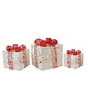 Northlight Set of 3 Lighted White Swirl Glitter Gift Boxes Christmas Outdoor Decorations 10"