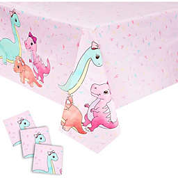 Blue Panda Pink Dinosaur Party Decorations for Girl's Birthdays, Plastic Tablecloth (54 x 108 in, 3 Pack)
