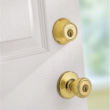 Kwikset 690 Tylo Entry Knob and Single Cylinder Deadbolt Combo, Polished Brass. View a larger version of this product image.