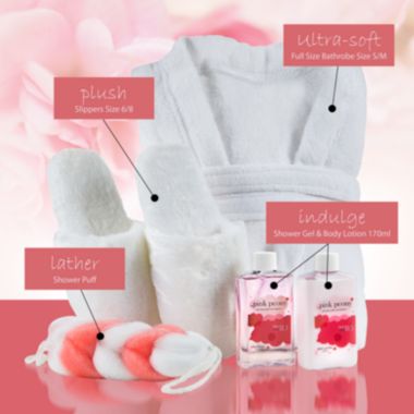 Freida and Joe Bath & Body Spa Gift Set in Pink Peony Fragrance with Luxury Bathrobe & Slippers. View a larger version of this product image.