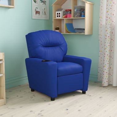 Flash Furniture Chandler Contemporary Blue Vinyl Kids Recliner with Cup Holder. View a larger version of this product image.