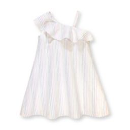 Hope & Henry Girls' One Shoulder Flounce Dress (Rainbow Pencil Stripe, 4)