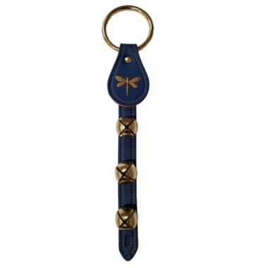 Dragonfly Charm Blue Leather Strap Sleigh Bell Door Hanger 12 In Made in USA. View a larger version of this product image.