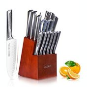 Cookit 15-Piece Stainless Steel Hollow Handle Kitchen Chef Knives Set with Wooden Block Holder and Manual Sharpener