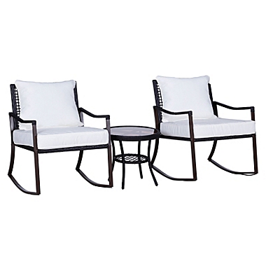Outsunny 3pcs Rattan Rocking Chair Table Set Outdoor Wicker Furniture 2 Chair 1 Coffee Table Backyard Deck Patio Bistro Set Brown 