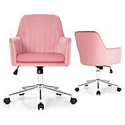 Costway Velvet Accent Office Armchair with Adjustable Swivel and Removable Cushion-Pink