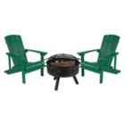 Alternate image 1 for Merrick Lane Ayala 3 Piece Outdoor Leisure Set with Set of 2 Green Poly Resin Adirondack Chairs and Star and Moon Iron Fire Pit
