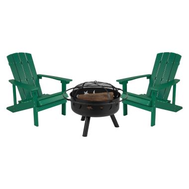 Merrick Lane Ayala 3 Piece Outdoor Leisure Set with Set of 2 Green Poly Resin Adirondack Chairs and Star and Moon Iron Fire Pit. View a larger version of this product image.