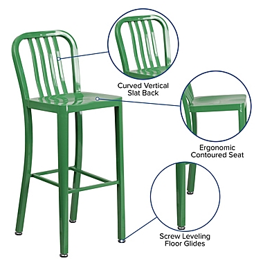 Merrick Lane Santorini 30 Inch Green Galvanized Steel Indoor/Outdoor Counter Bar Stool With Slatted Back And Powder Coated Finish. View a larger version of this product image.