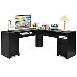 Costway 66 Inch L-Shaped Writing Study Workstation Computer Desk with Drawers-Black