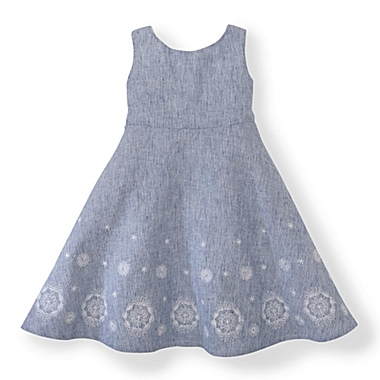 Hope & Henry Girls&#39; Fit and Flare Dress with Embroidered Hem (Blue with White Embroidery, 4). View a larger version of this product image.