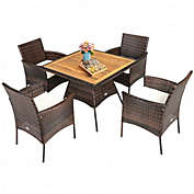 Costway 5PCS Patio Rattan Dining Furniture Set with Arm Chair and Wooden Table Top