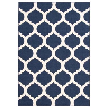 Chaudhary Living 5.25' x 7.5' Navy Blue and Off White Moroccan Rectangular Outdoor Area Throw Rug. View a larger version of this product image.