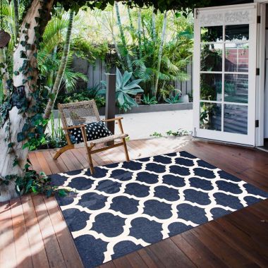 Chaudhary Living 5.25' x 7.5' Navy Blue and Off White Moroccan Rectangular Outdoor Area Throw Rug. View a larger version of this product image.
