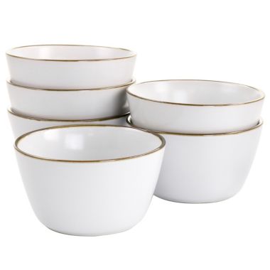 Elama Arthur 6 Piece Stoneware Bowl Set in Matte White with Gold Rim. View a larger version of this product image.
