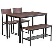 HOMCOM Industrial 4 Piece Dining Room Table Set with Bench Wooden Kitchen Table and Chairs w/ Storage Rack for Kitchen, Dinette, Black/Brown