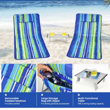 Slickblue 3 Pieces Beach Lounge Chair Mat Set 2 Adjustable Lounge Chairs with Table Stripe-Blue & Green. View a larger version of this product image.