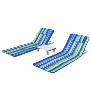 Slickblue 3 Pieces Beach Lounge Chair Mat Set 2 Adjustable Lounge Chairs with Table Stripe-Blue & Green. View a larger version of this product image.