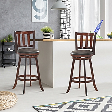 Costway-CA Set of 2 Wood Swivel Counter Height Dining Pub Bar Stools with PVC Cushioned Seat-29&quot;. View a larger version of this product image.