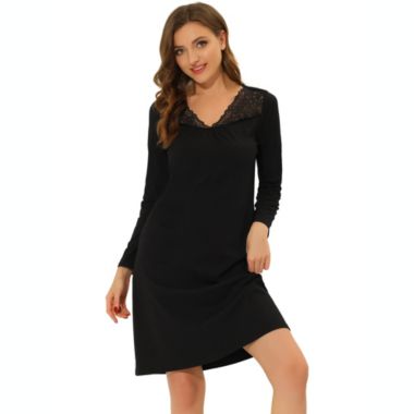 cheibear Women's Loungewear Pajamas, Soft One Piece Nightshirt V-neck Lace Trim Lounge Dress Nightgown, Black M. View a larger version of this product image.