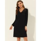 Alternate image 1 for cheibear Women's Loungewear Pajamas, Soft One Piece Nightshirt V-neck Lace Trim Lounge Dress Nightgown, Black M