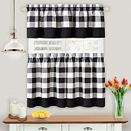 Kate Aurora Modern Country Farmhouse 3 Piece Plaid Checkered Cafe Kitchen Curtain Tier & Valance Set - 36 in - Black
